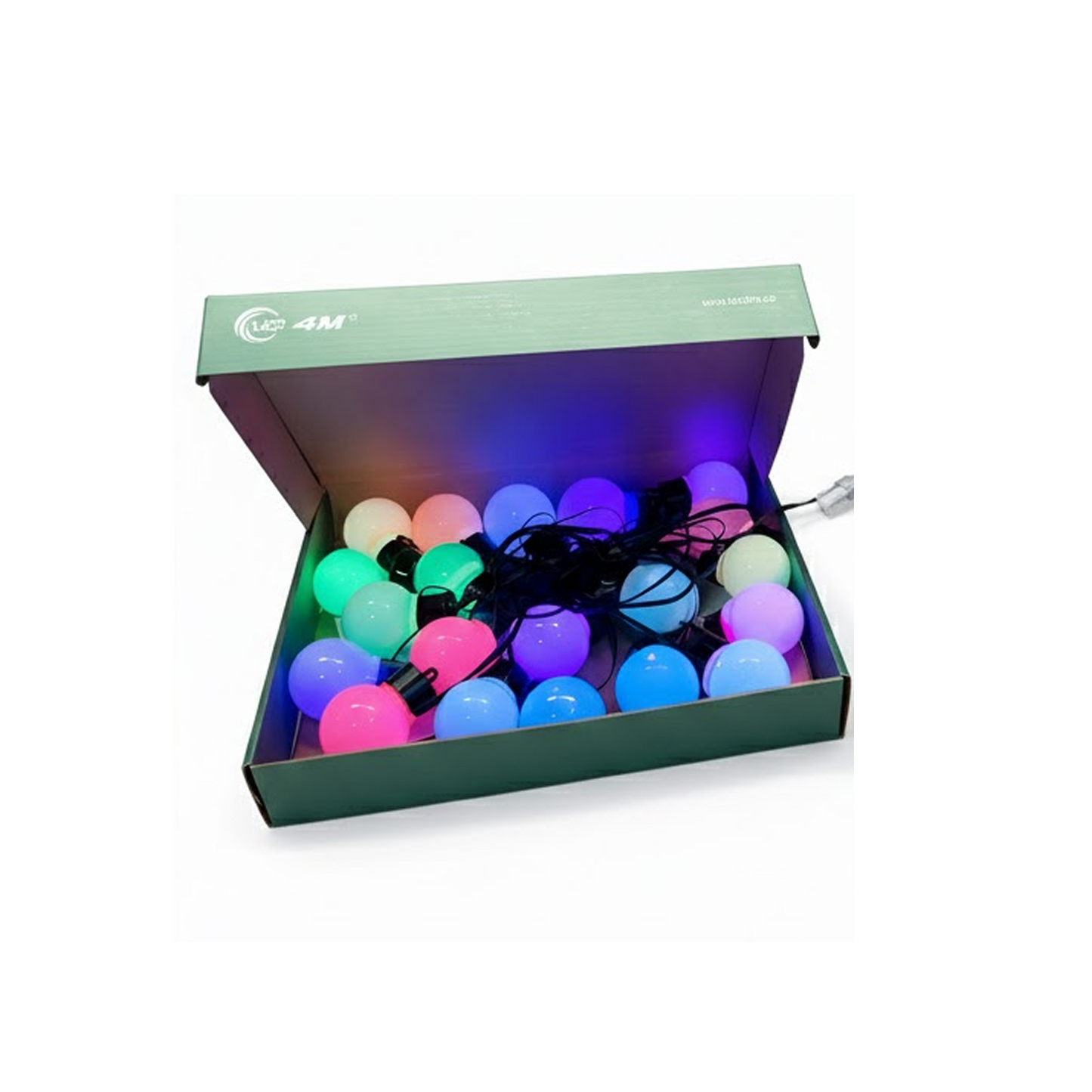 Colorful string lights in an open box with 4M branding on a white background