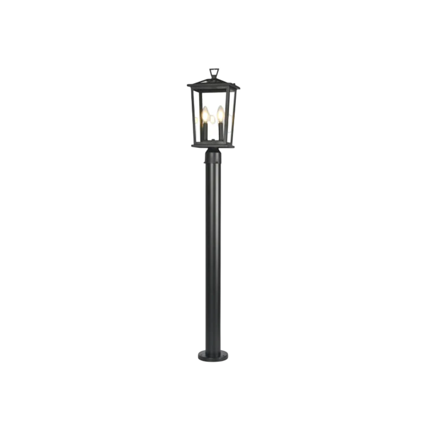 Black outdoor lamp post with two lights on a white background