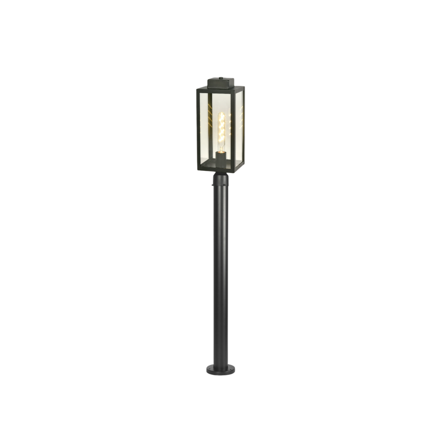 Black outdoor lamp post with glass shade on a white background