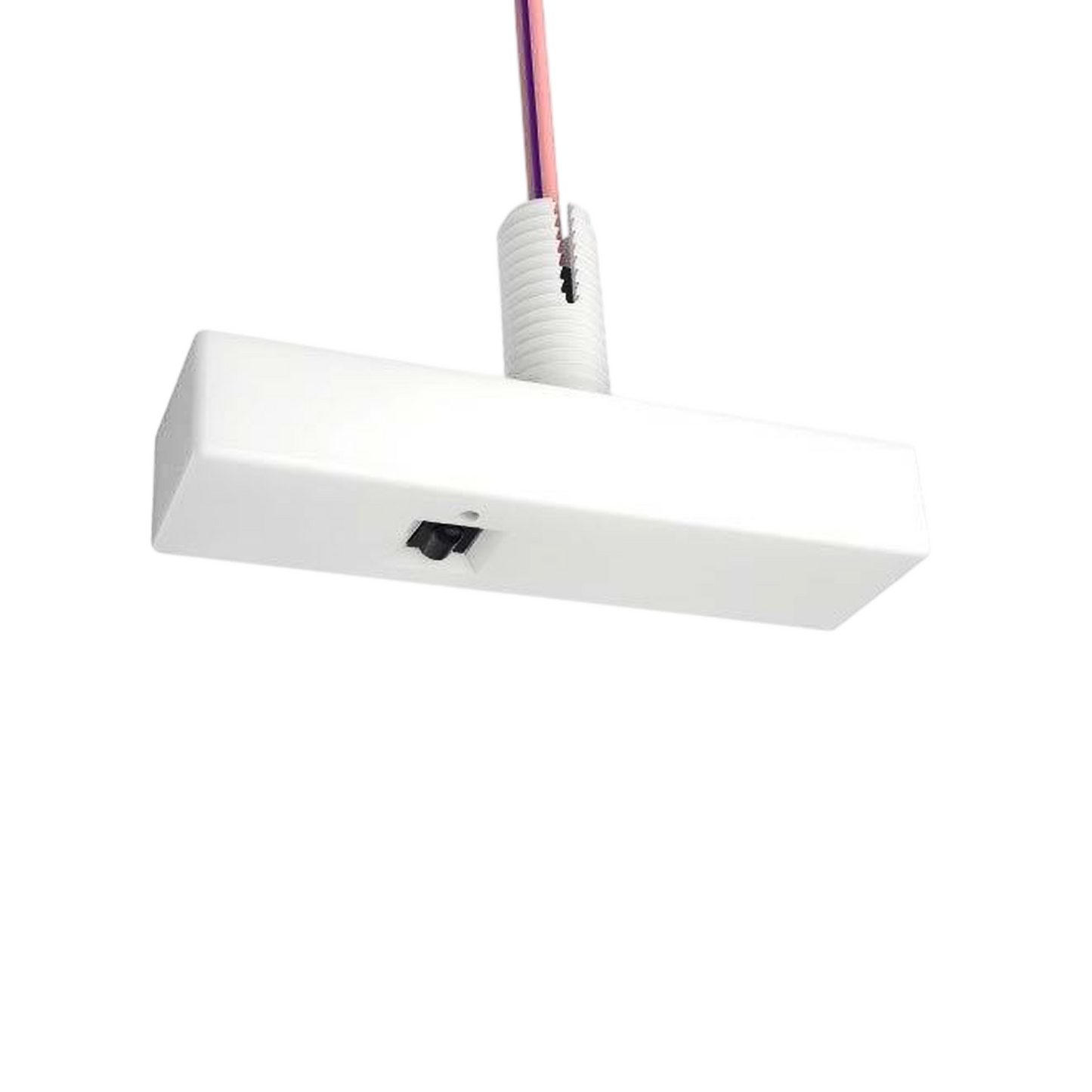 White rectangular light fixture with a power plug on a white background