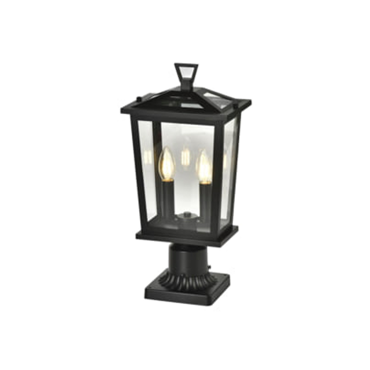 Black outdoor lantern with clear glass on a white background