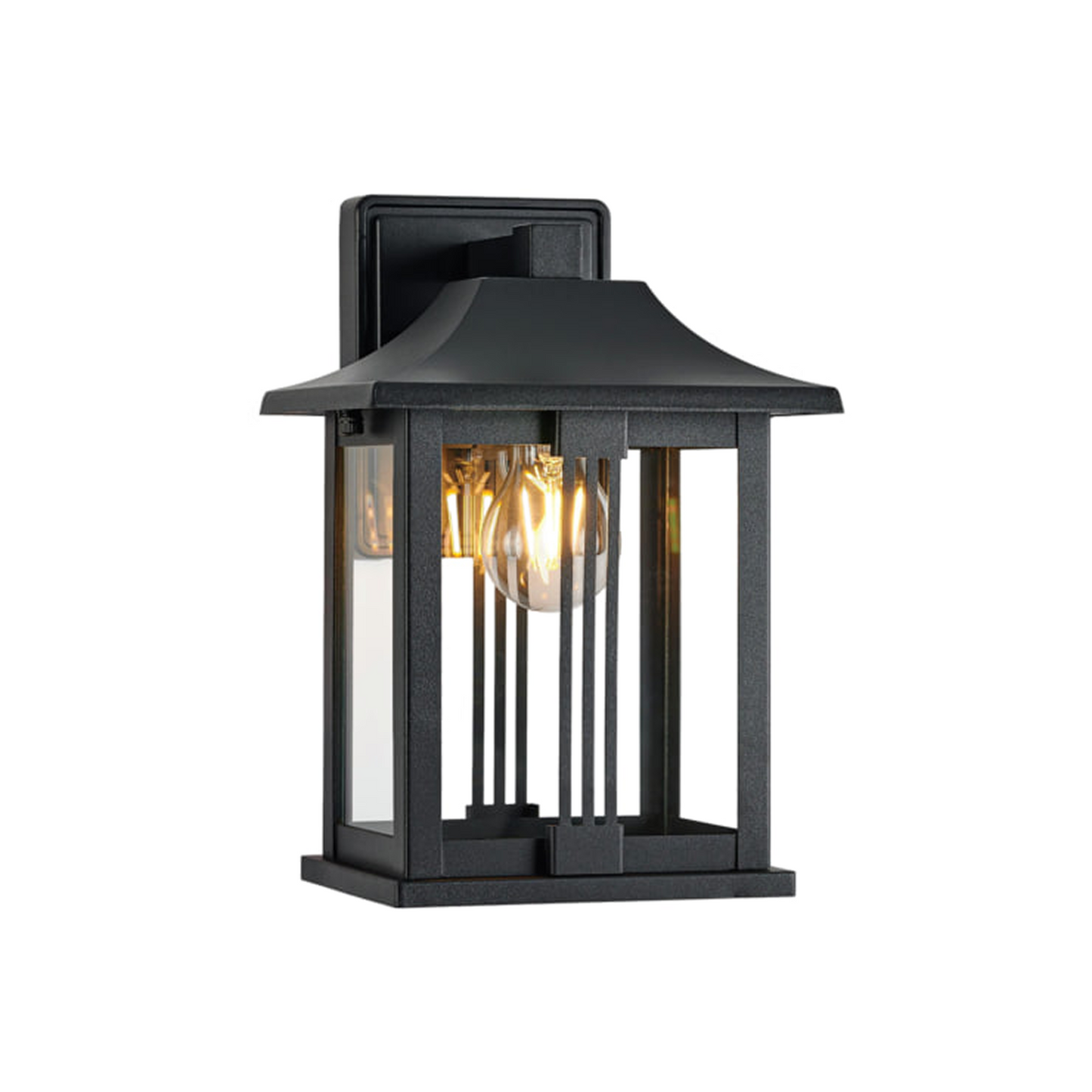 Black outdoor wall light fixture on a white background