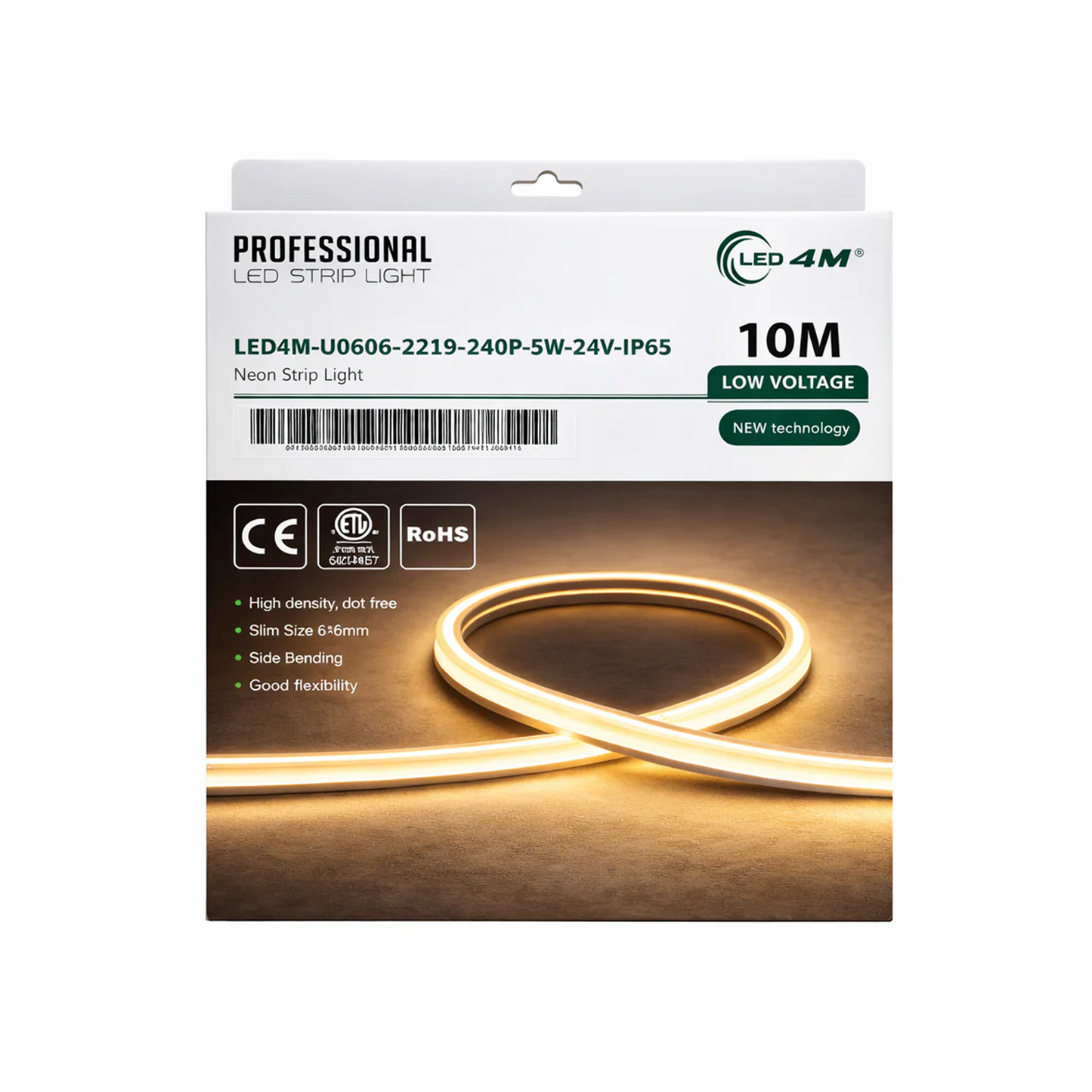 LED strip light packaging with product details on a white background