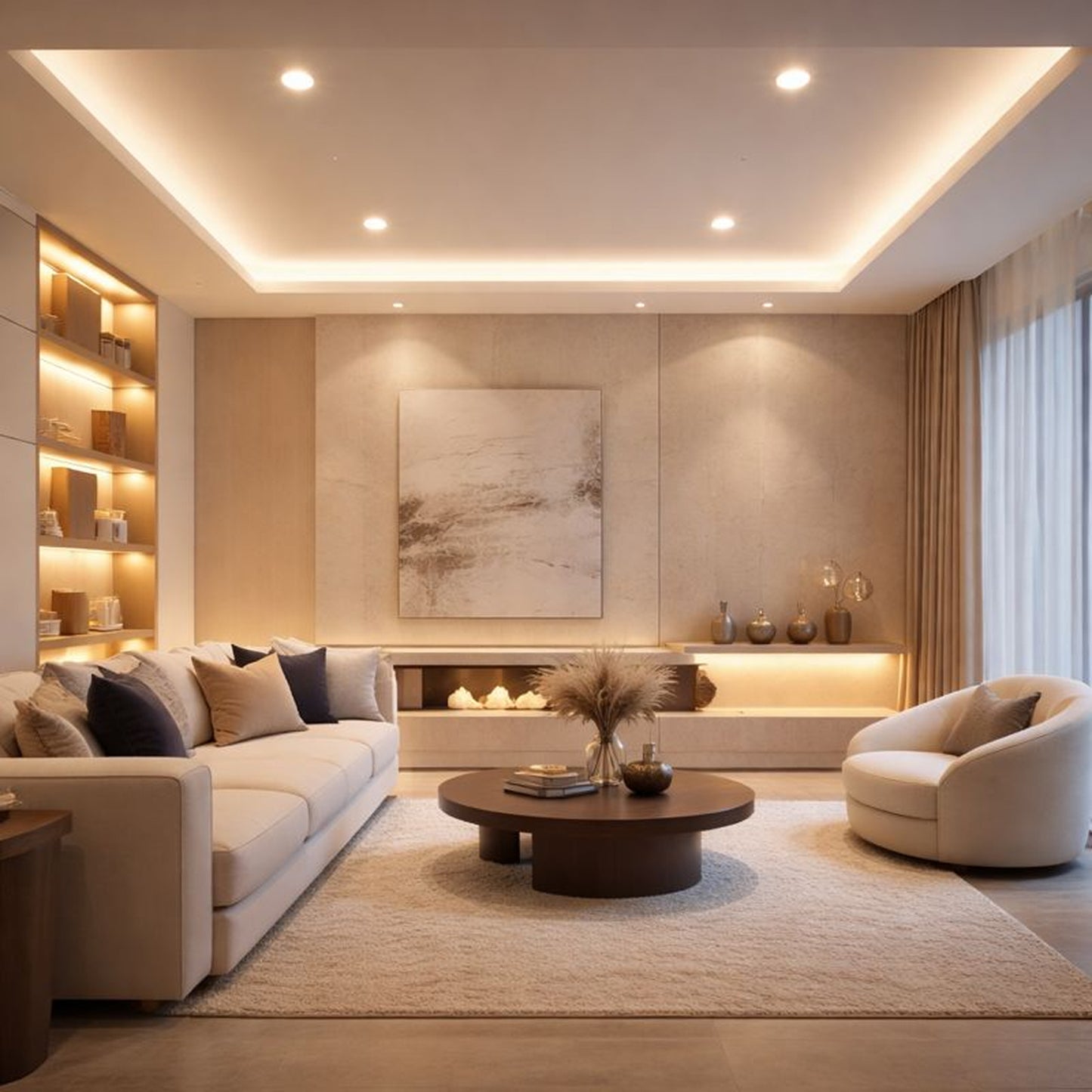 Modern living room with beige walls, white sofa, and decorative elements | Selix Kala