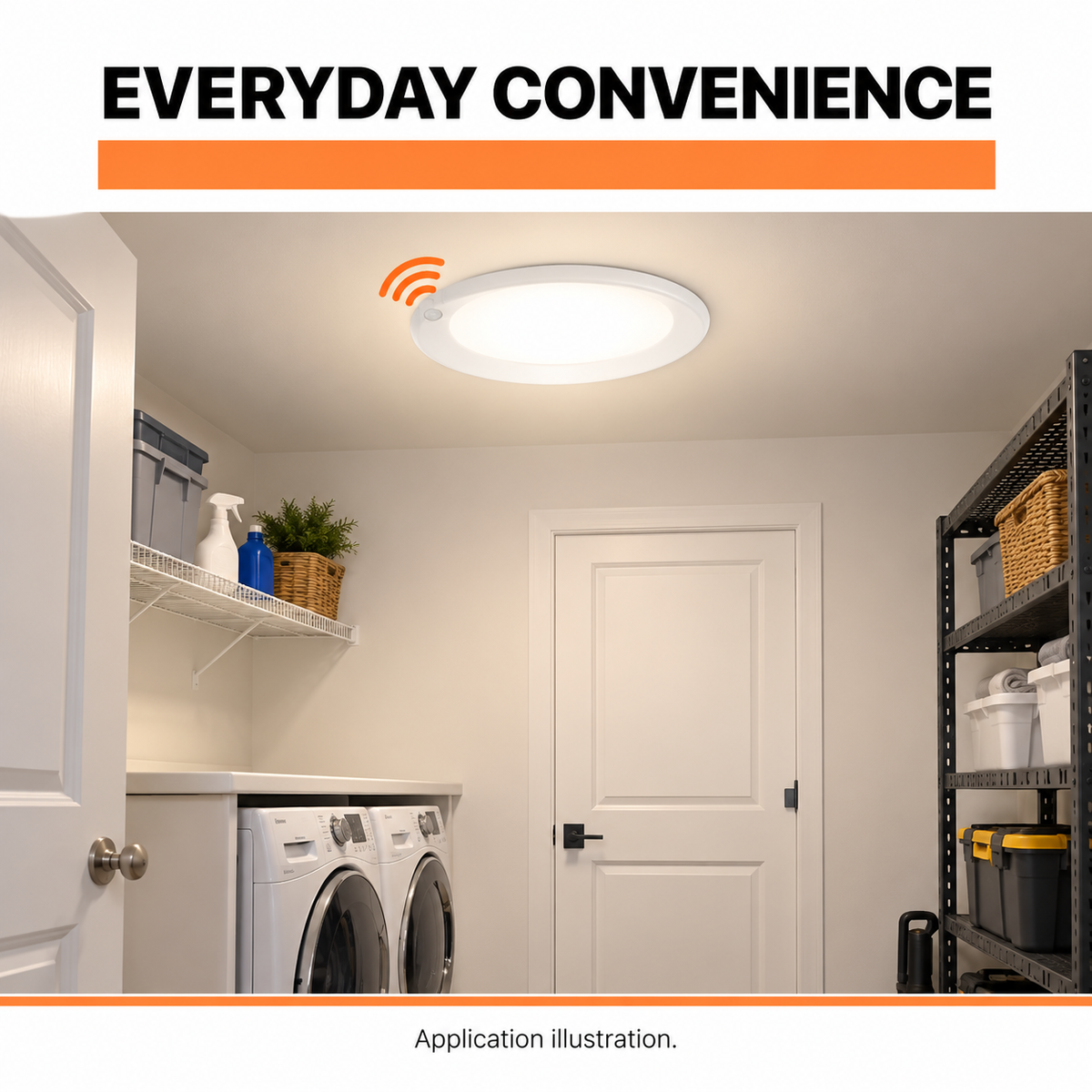 6-inch 15W LED disk downlight: Illustration of motion-sensor downlight in an indoor utility room