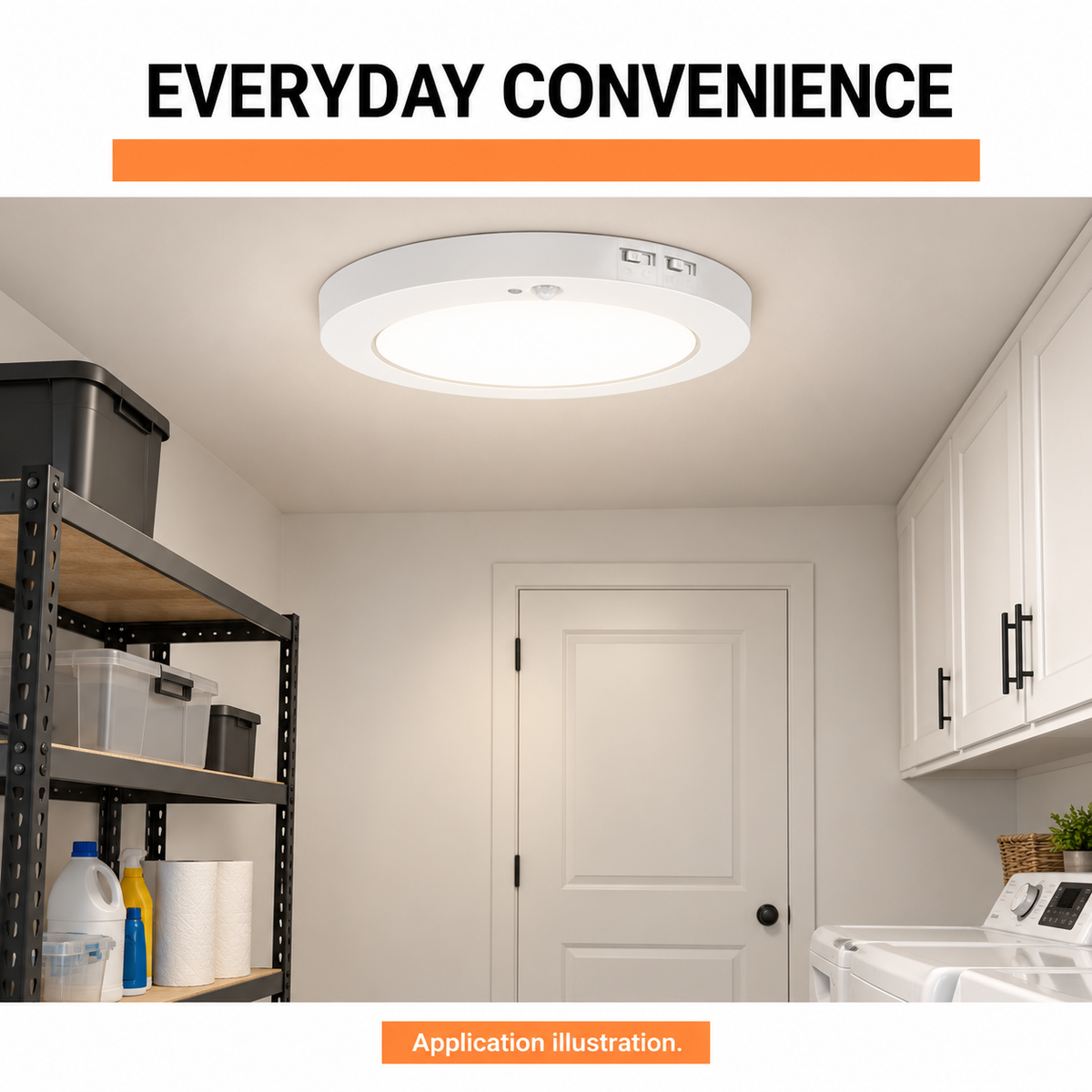 7-inch 12W PIR slim flush mount: Illustration of motion-sensor downlight in an indoor utility room