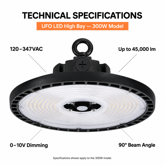 300W UFO high bay specifications: 120–347VAC, up to 45,000 lumens, 0–10V dimming and 90-degree beam