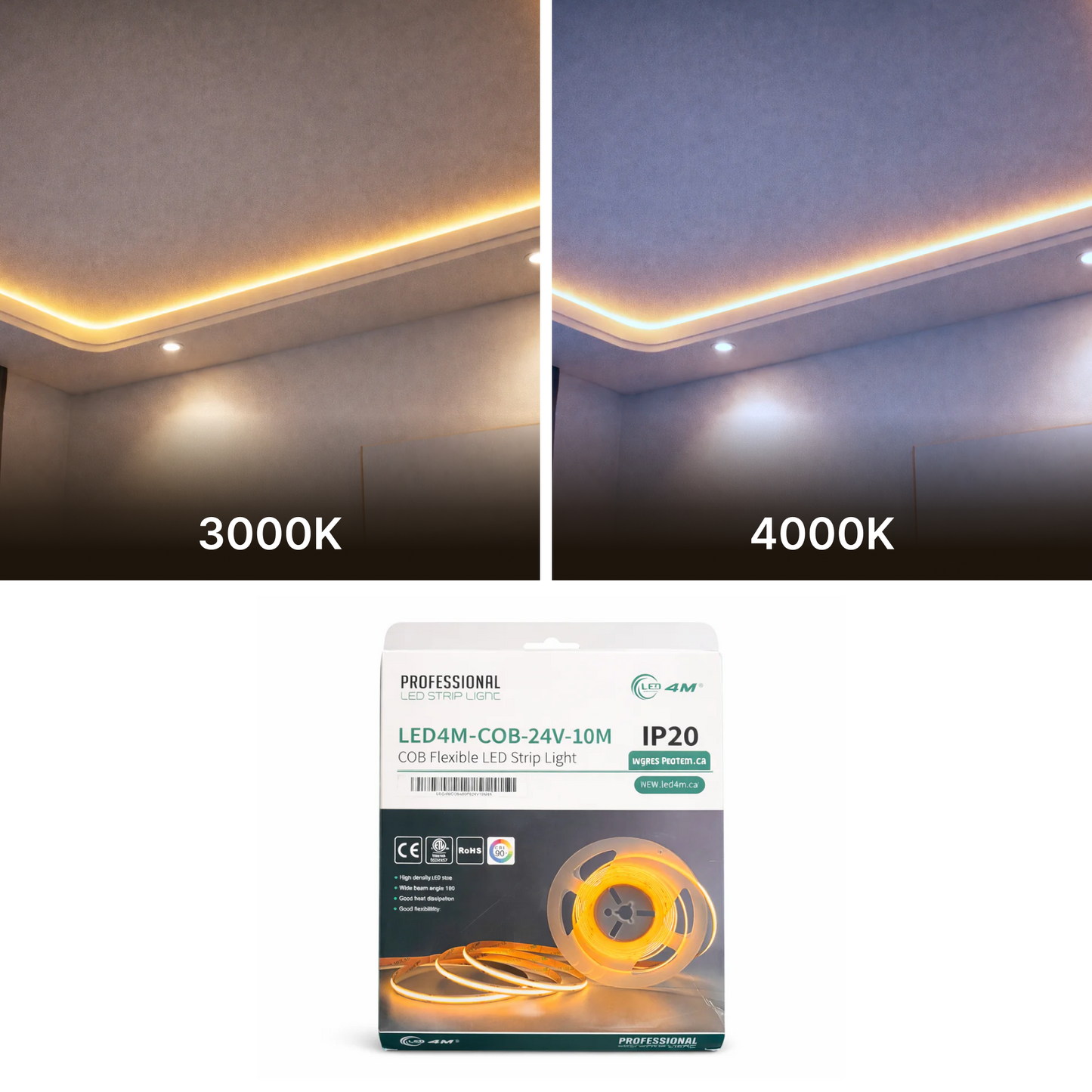 10M COB LED Strip Light - Dot-Free Continuous Glow, 24V Indoor, 180° Wide Beam (IP20)
