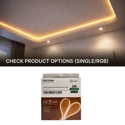 LED strip light installation on a ceiling with a product packaging of LED strip lights below | Selix Kala