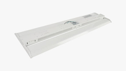 Rear angled view of long linear LED high bay housing and wiring