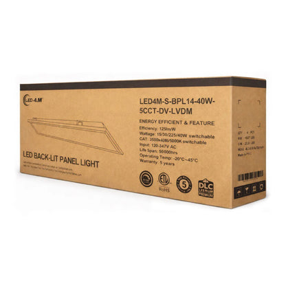 Cardboard box packaging for a LED back-lit panel light with specifications on a white background | Selix Kala