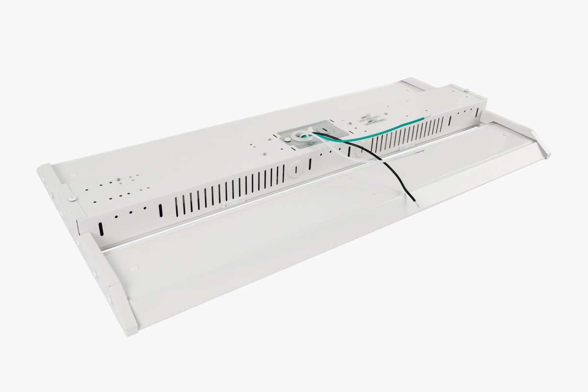 Rear view of linear LED high bay showing housing and connection wires