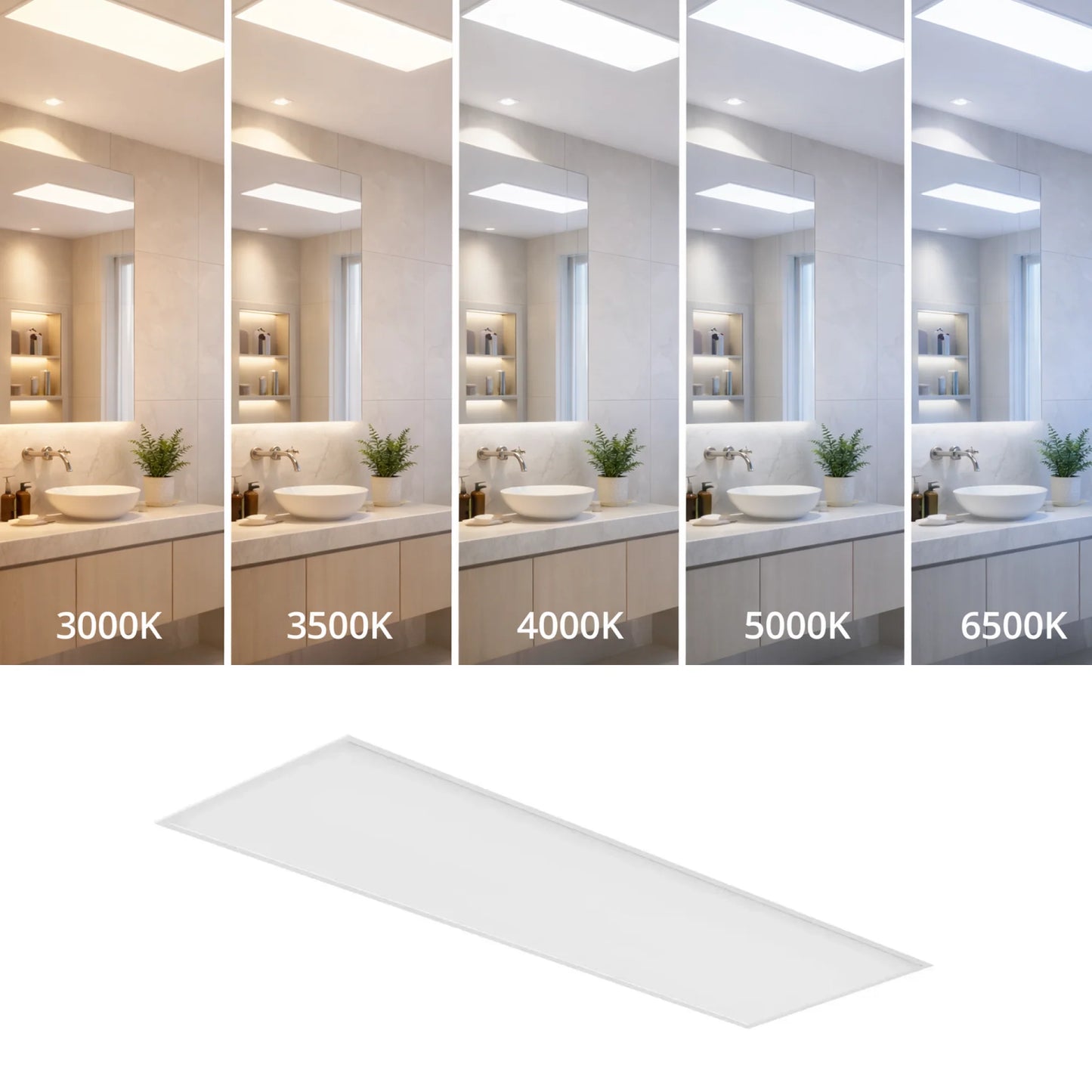 Bathroom vanity scene with light color temperature labels on a white panel | Selix Kala