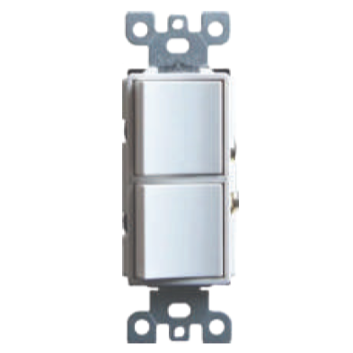 Light switch with two white buttons on a white background
