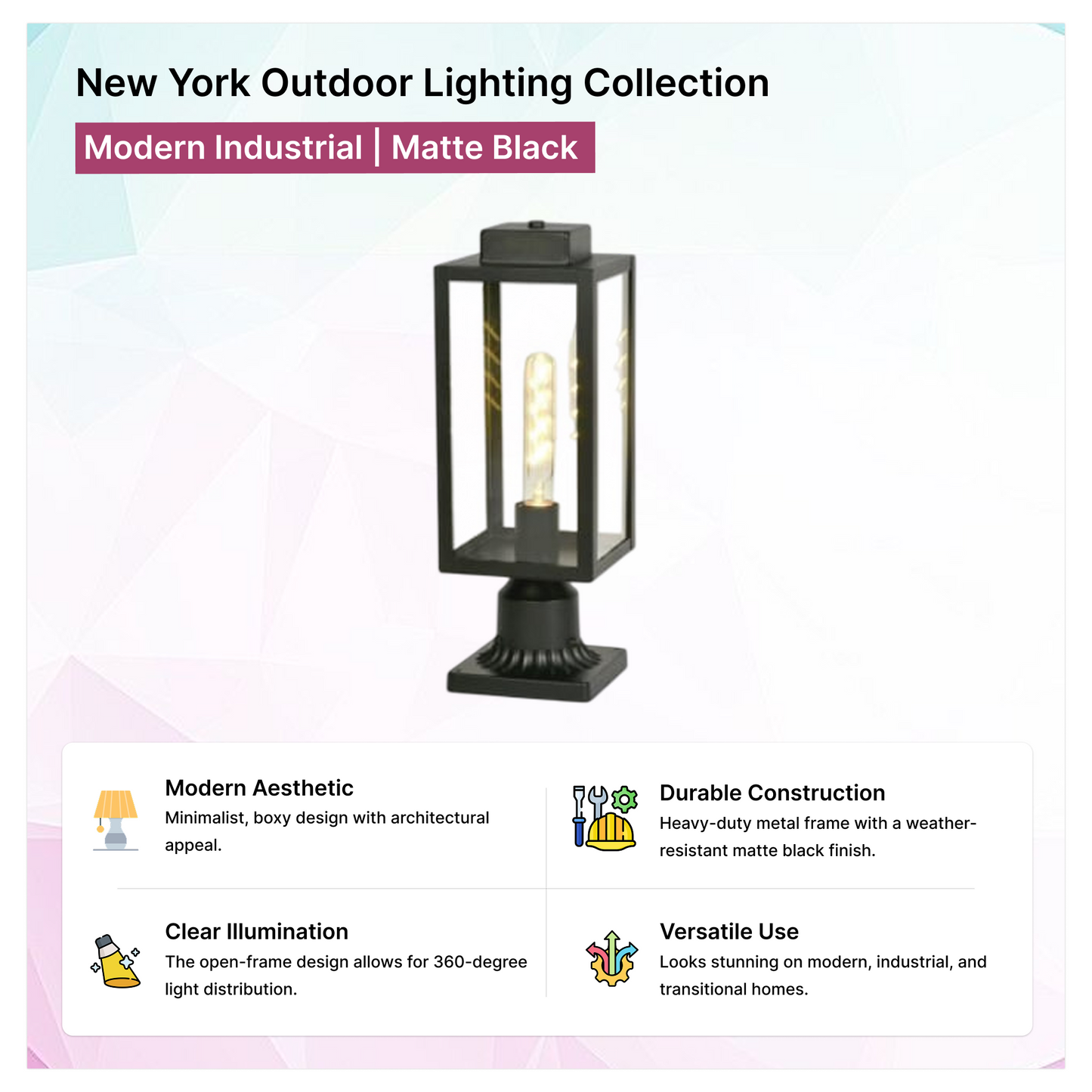 New York Outdoor Lighting Collection | Modern Industrial | Matte Black
Modern Aesthetic