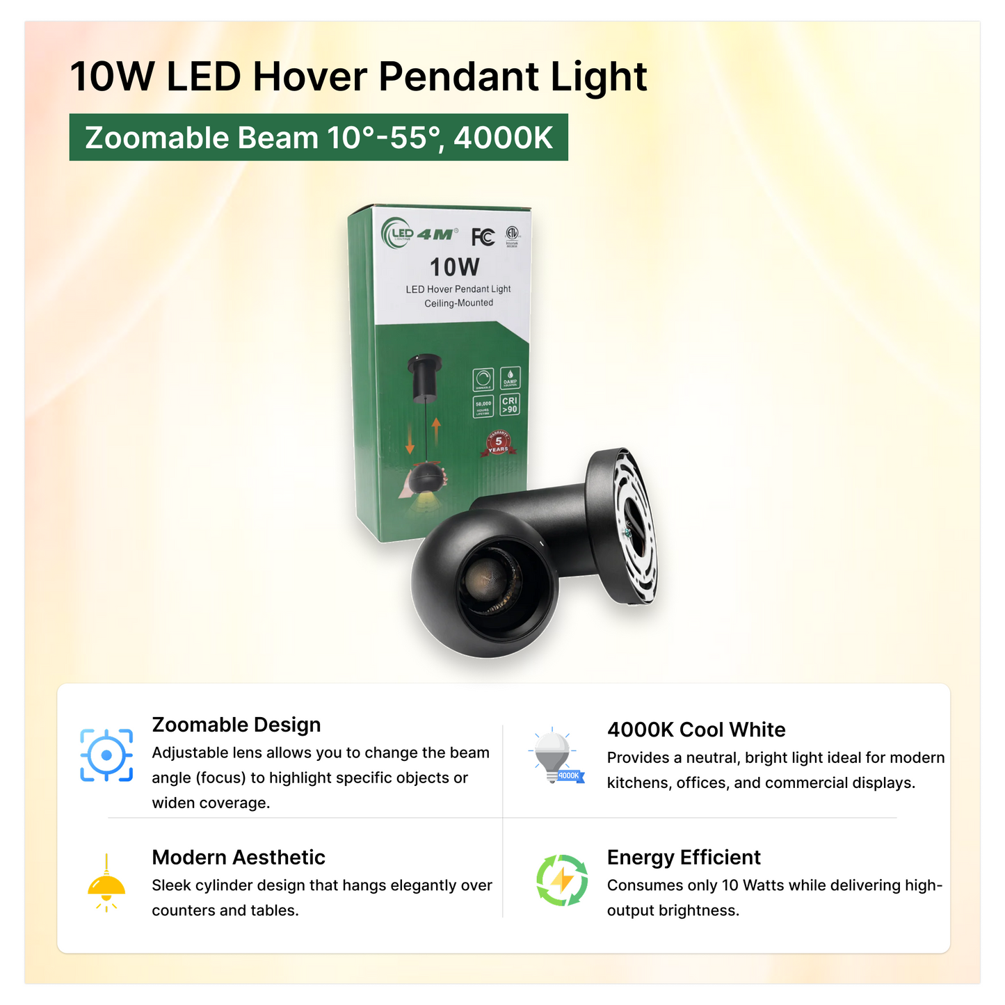 10W LED Hover Pendant Light - Zoomable Beam 10°-55°, 4000K Neutral (Black)