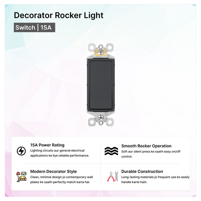 Decorator Rocker Light Switch 15A - Single Pole / 3-Way (Modern Paddle)
15A Power Rating