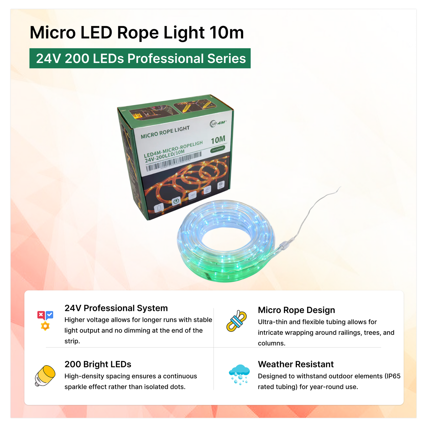 Micro LED Rope Light 10m - 24V 200 LEDs Professional Series