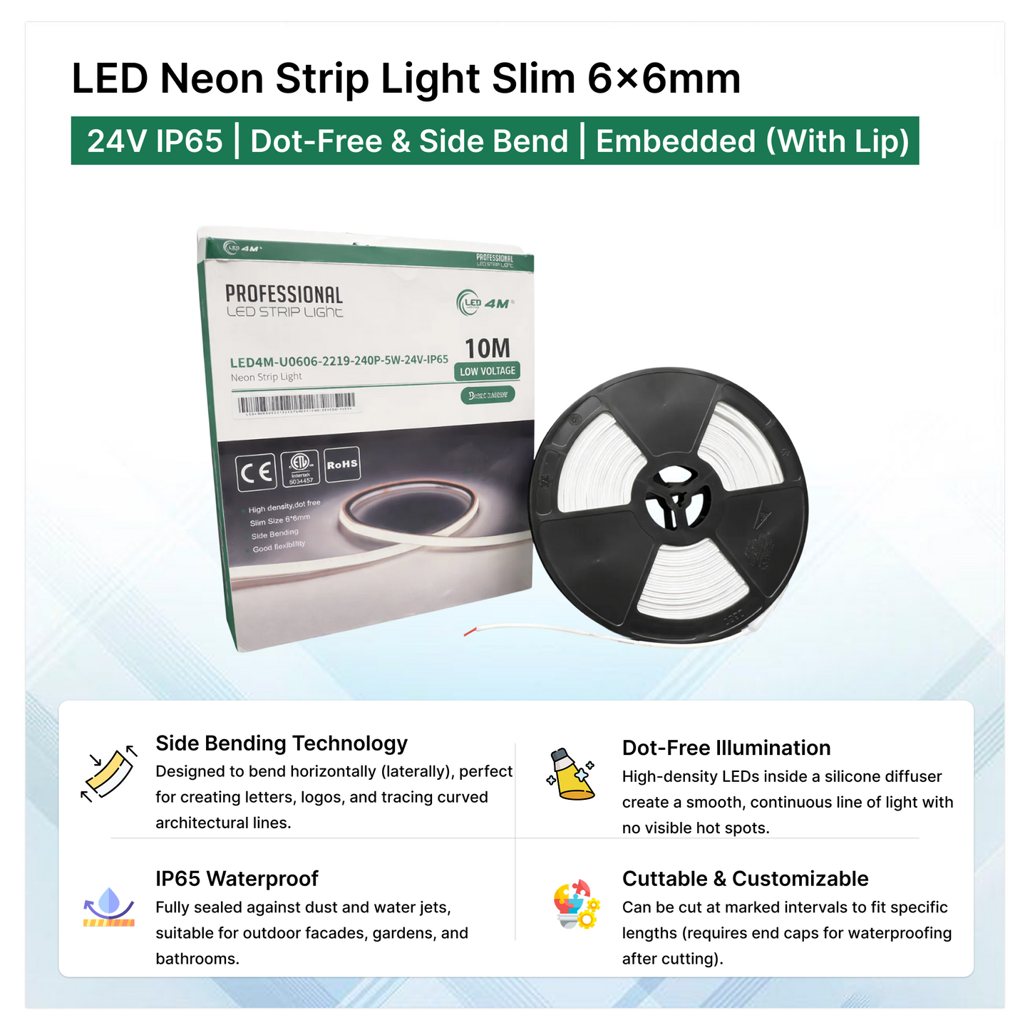 LED Neon Strip Light Slim 6x6mm | 24V IP65 | Dot-Free & Side Bend | Embedded (With Lip)