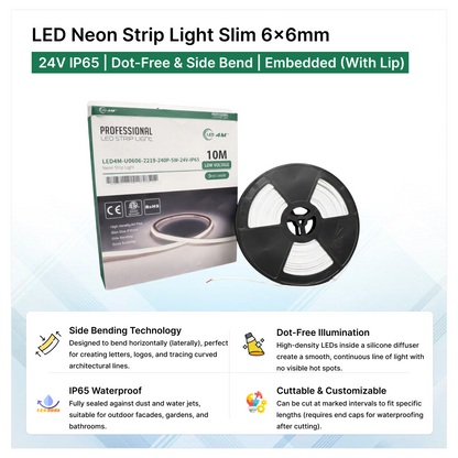 LED Neon Strip Light Slim 6x6mm | 24V IP65 | Dot-Free & Side Bend | Embedded (With Lip)