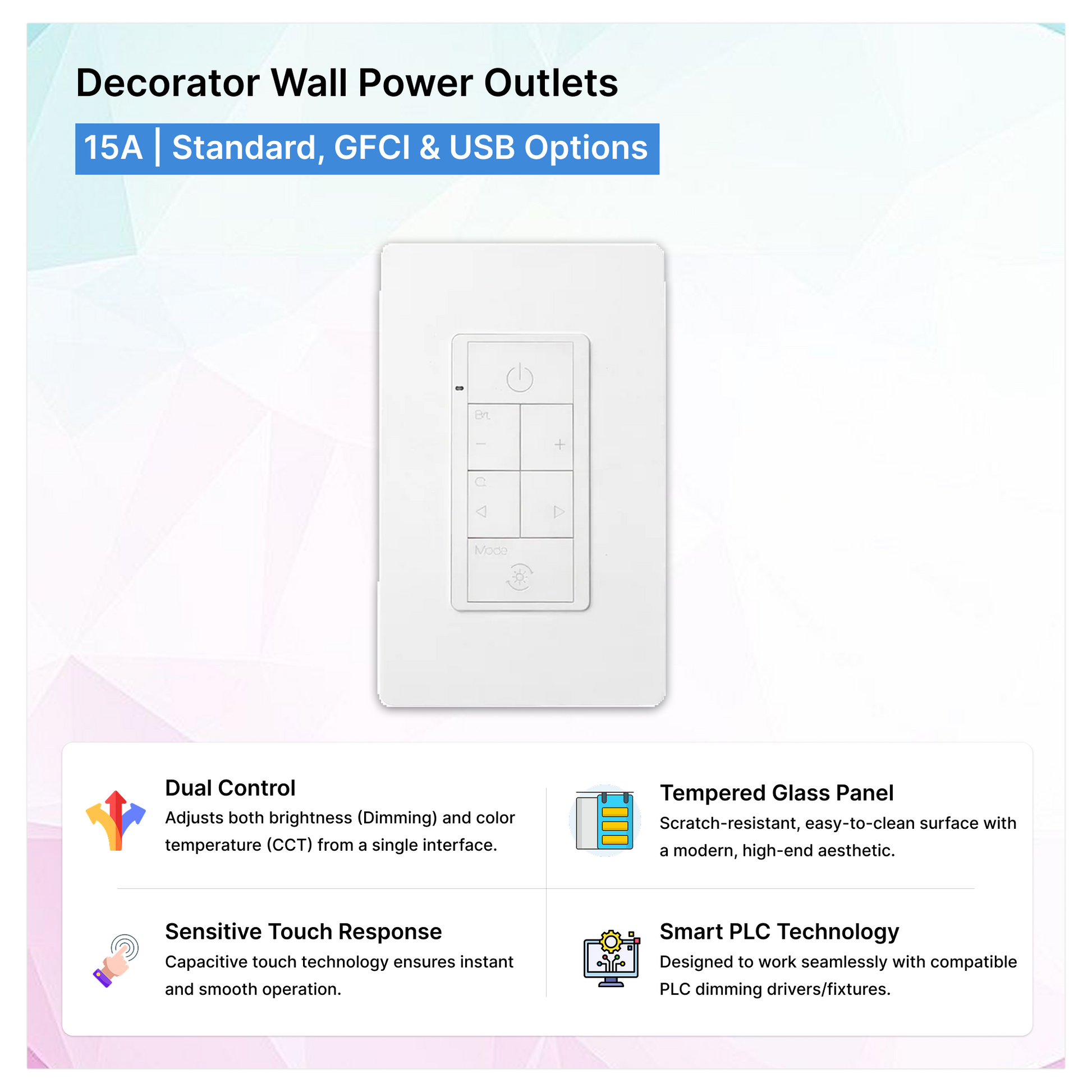 PLC Smart Touch Wall Switch - Dimmer & CCT Control, 90-277V (White) decorator wall power outlets | Selix Kala