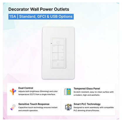 PLC Smart Touch Wall Switch - Dimmer & CCT Control, 90-277V (White) decorator wall power outlets | Selix Kala