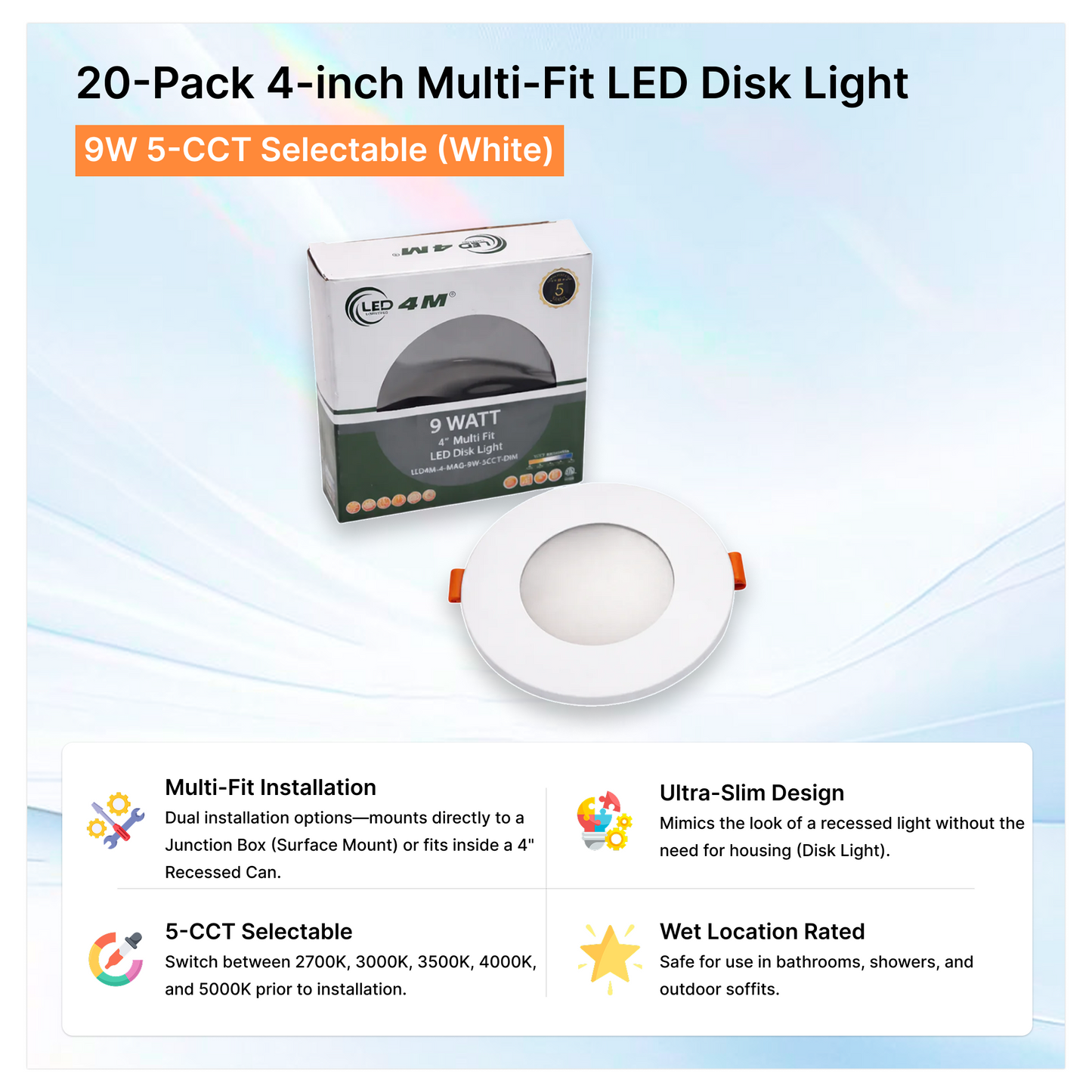 20-Pack 4-inch Multi-Fit LED Disk Light - 9W 5-CCT Selectable (White)