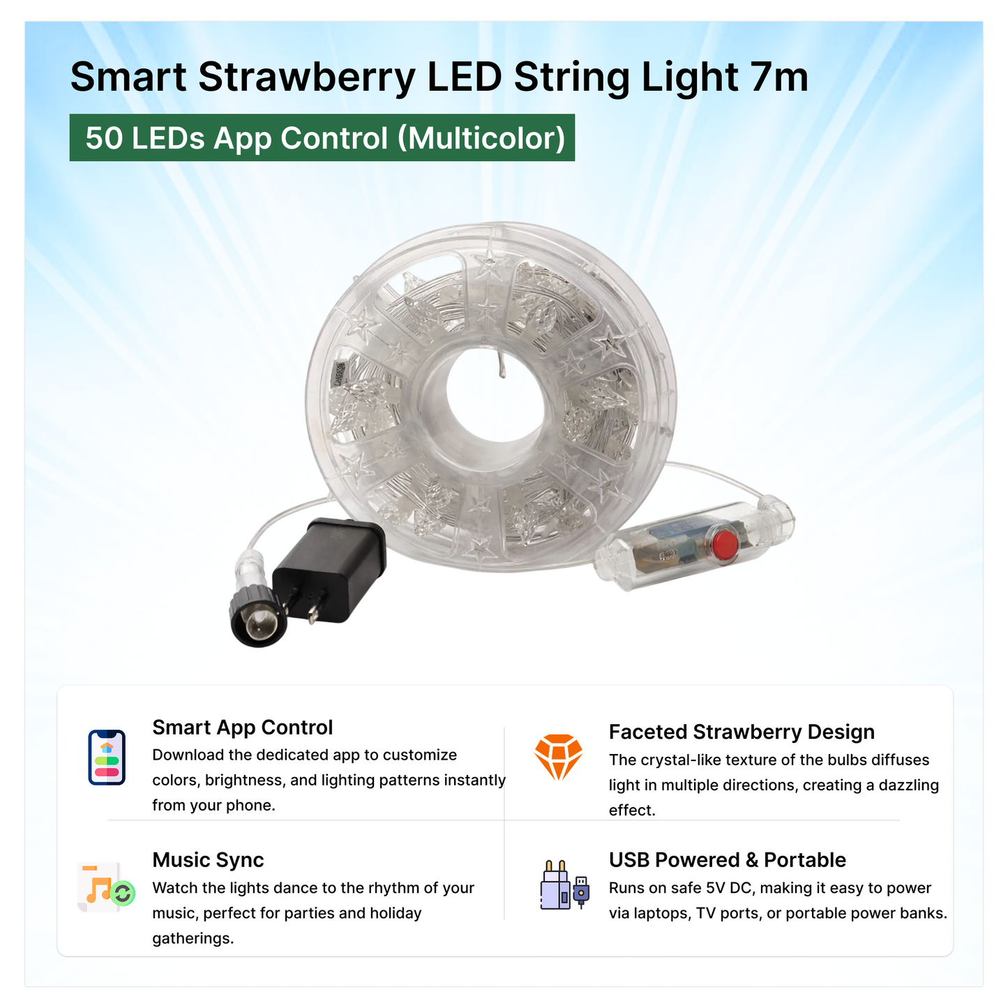Smart Strawberry LED String Light 7m - 50 LEDs App Control (Multicolor)