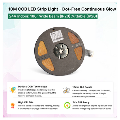 10M COB LED Strip Light - Dot-Free Continuous Glow, 24V Indoor, 180° Wide Beam (IP20)