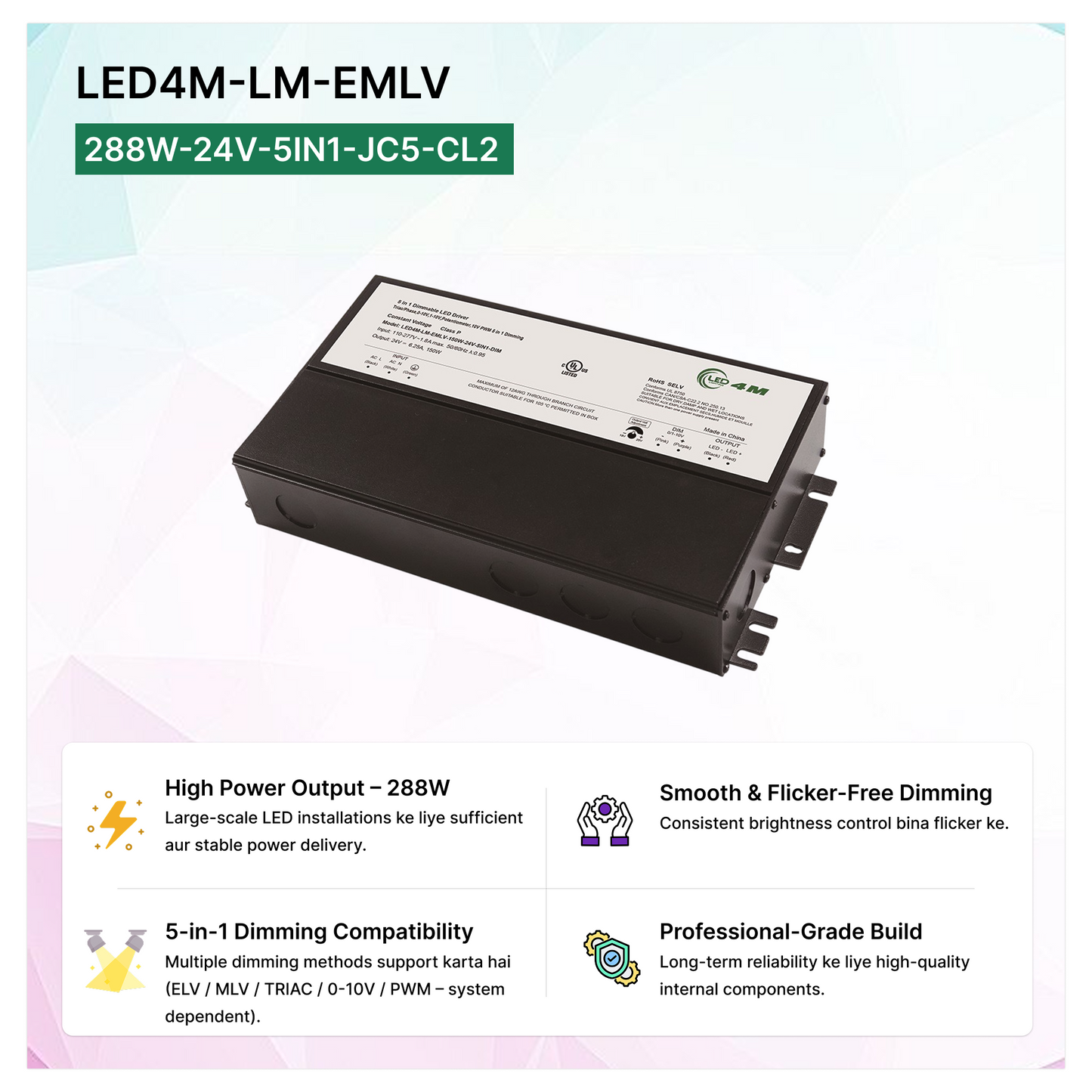 LED Driver 155-288W - 24V 5-in-1 (Triac/0-10V/ELV) High Power Output 288W
