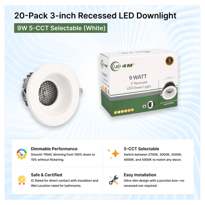 20-Pack 3-inch Recessed LED Downlight - 9W 5-CCT Selectable (White)