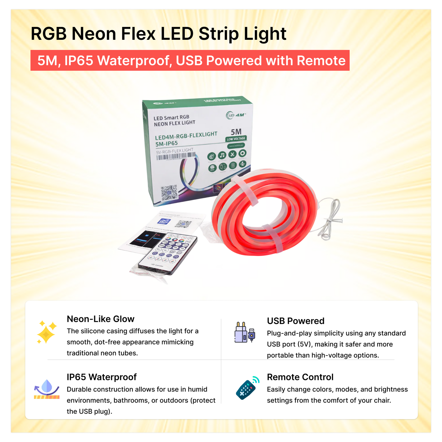 RGB Neon Flex LED Strip Light - 5M, IP65 Waterproof, USB Powered with Remote
