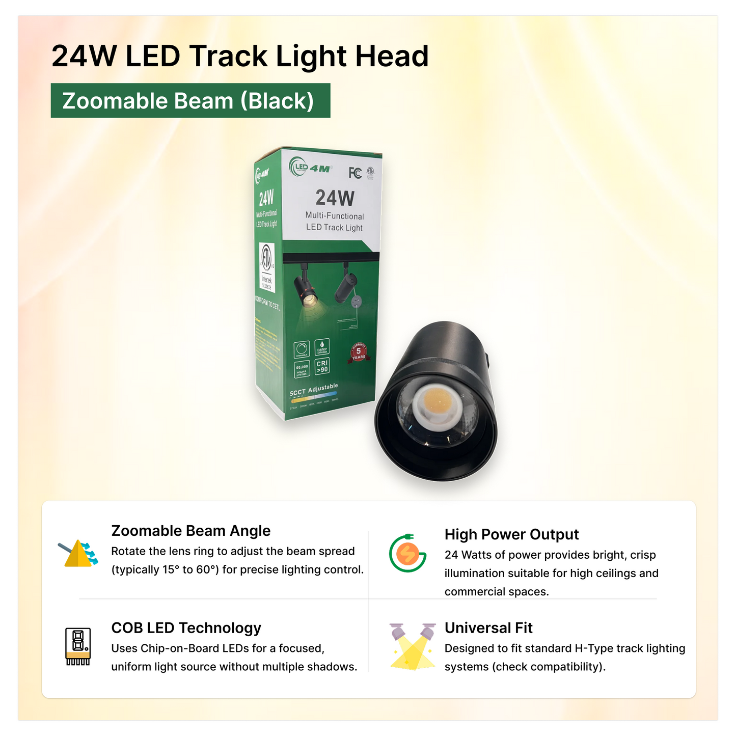24W LED Track Light Head - Zoomable Beam (Black)