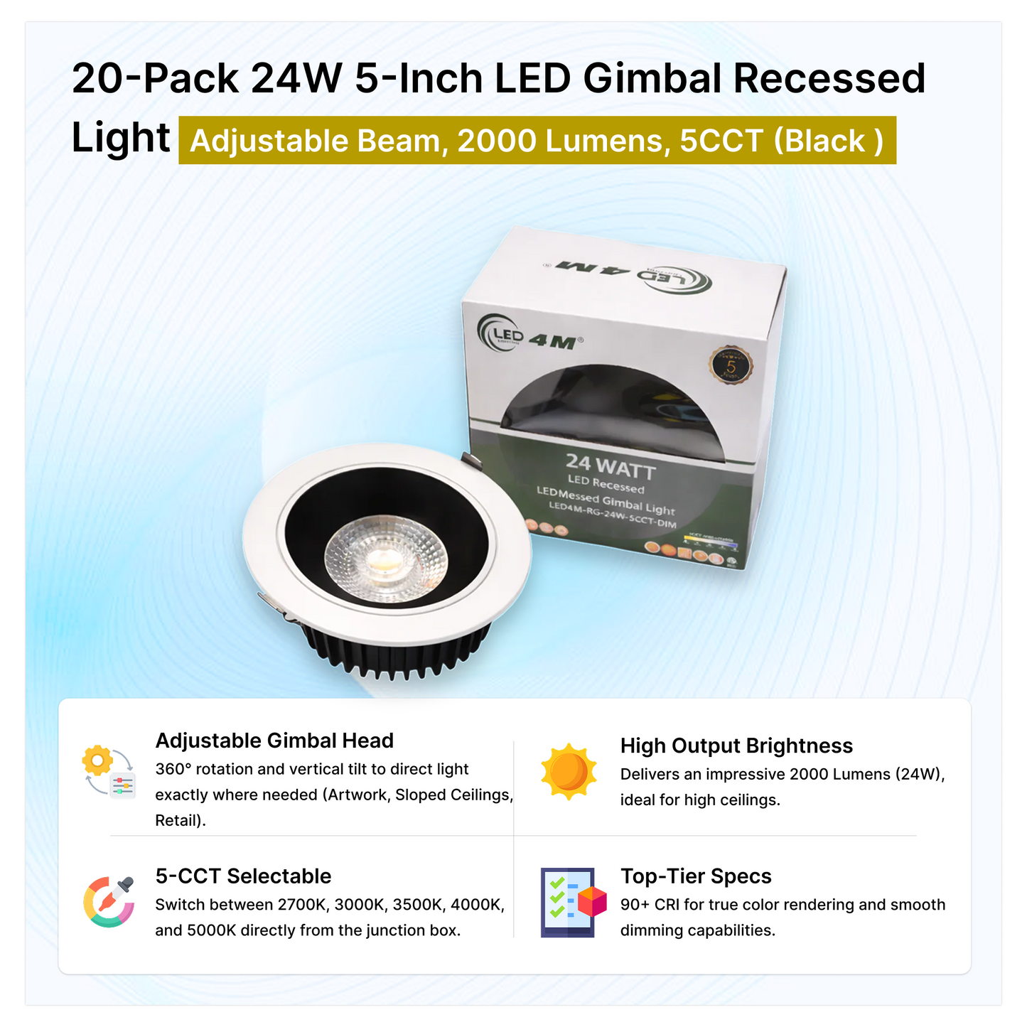 20-Pack 24W 5-Inch LED Gimbal Recessed Light - Adjustable Beam, 2000 Lumens, 5CCT (Black )