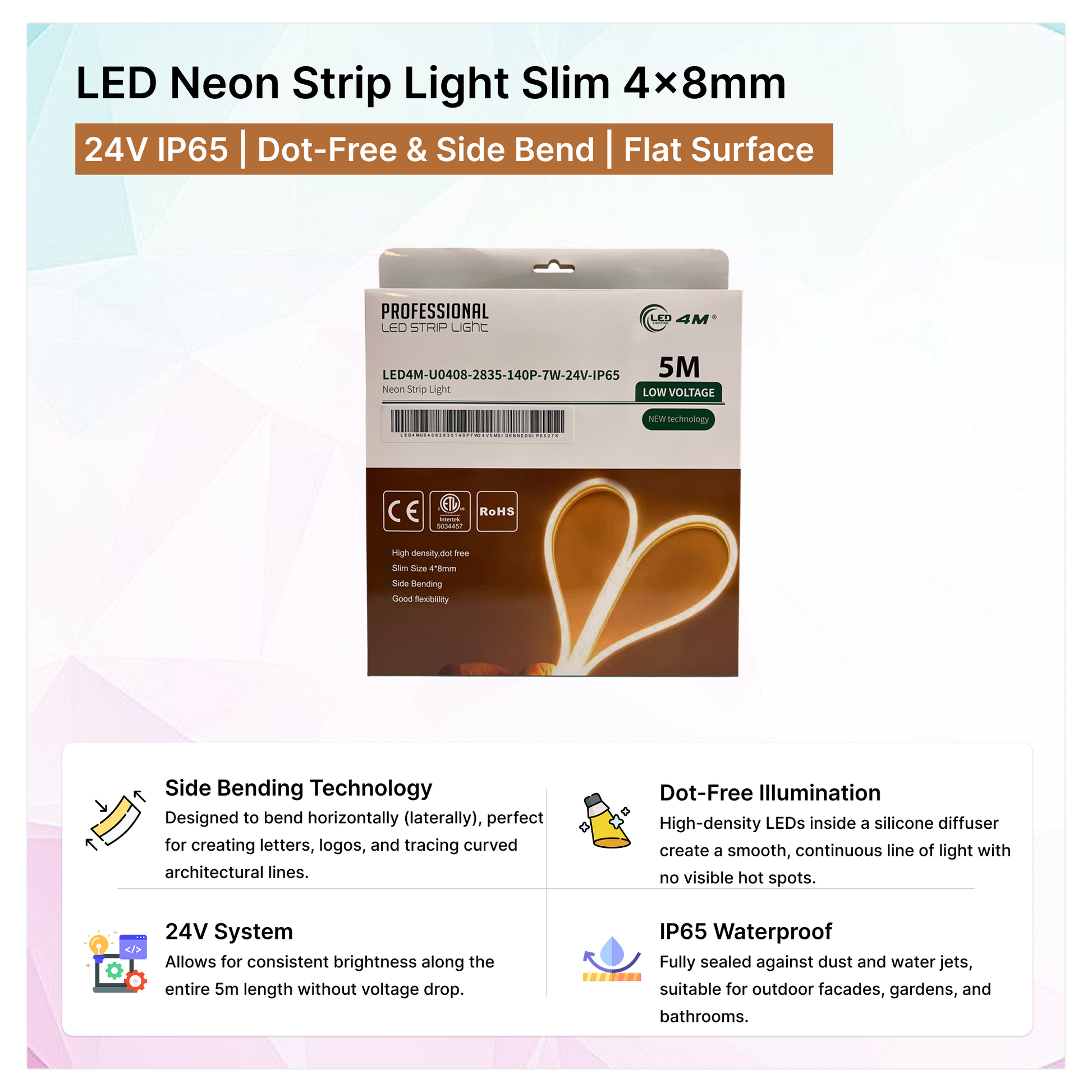 LED Neon Strip Light Slim 4x8mm | 24V IP65 | Dot-Free & Side Bend | Flat Surface | Selix Kala
