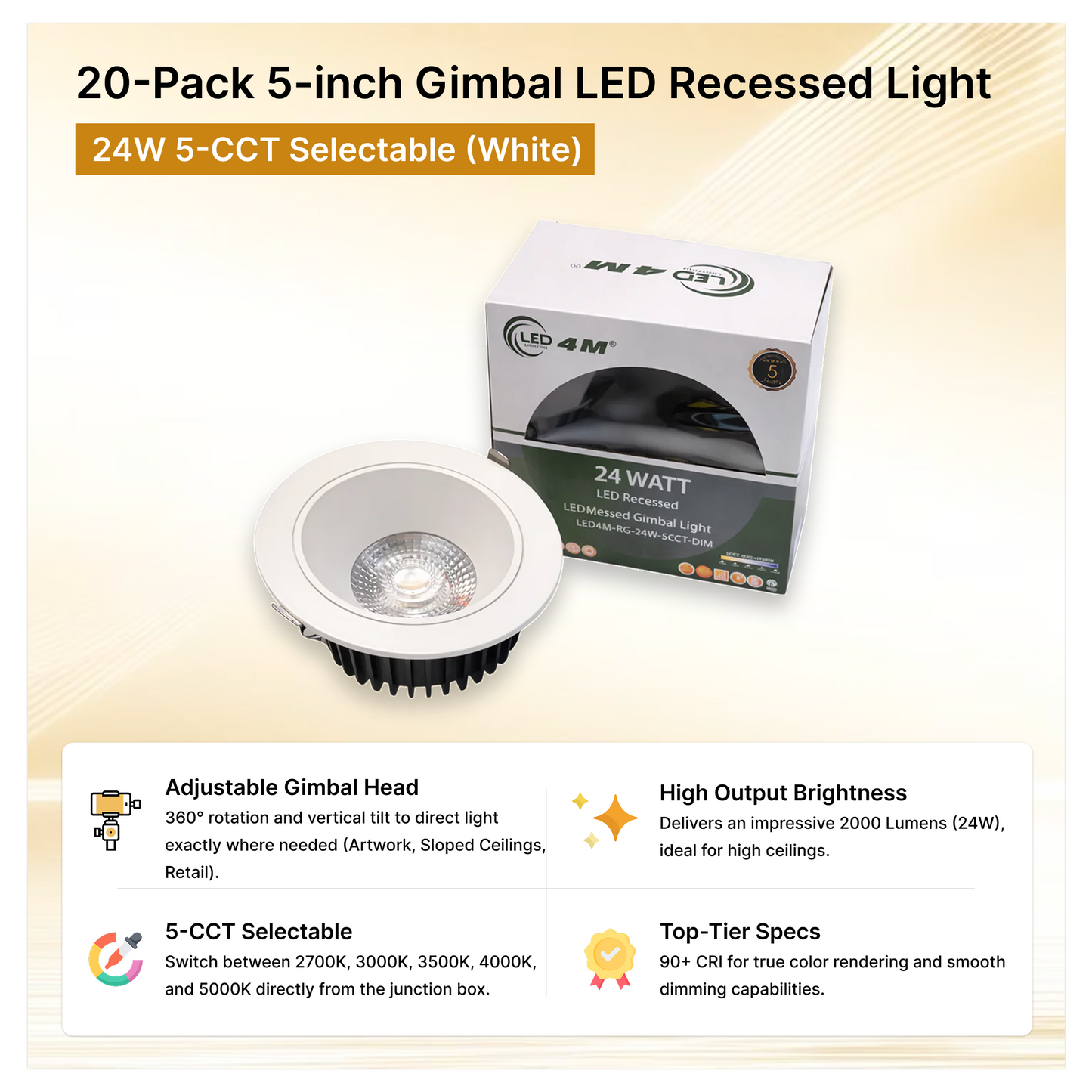 20-Pack 5-inch Gimbal LED Recessed Light - 24W 5-CCT Selectable (White)