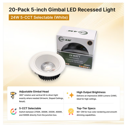 20-Pack 5-inch Gimbal LED Recessed Light - 24W 5-CCT Selectable (White)