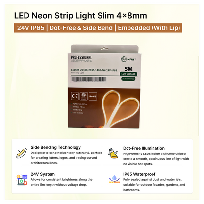 LED Neon Strip Light Slim 4x8mm | 24V IP65 | Dot-Free & Side Bend | Embedded (With Lip)