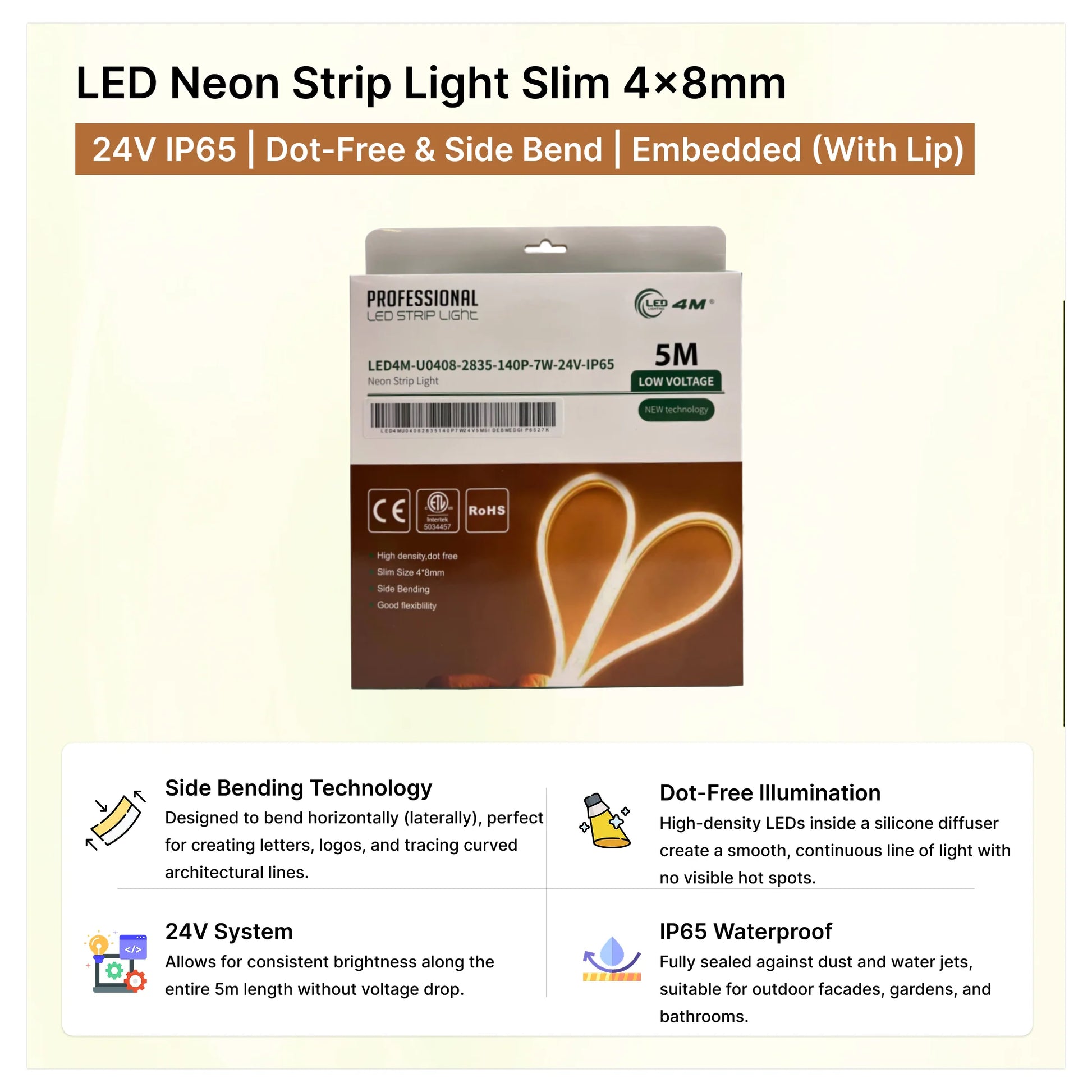 LED Neon Strip Light packaging with specifications and features on a beige background | Selix Kala
