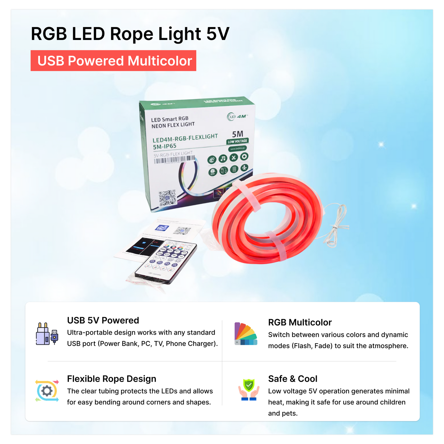 RGB LED Rope Light 5V - USB Powered Multicolor