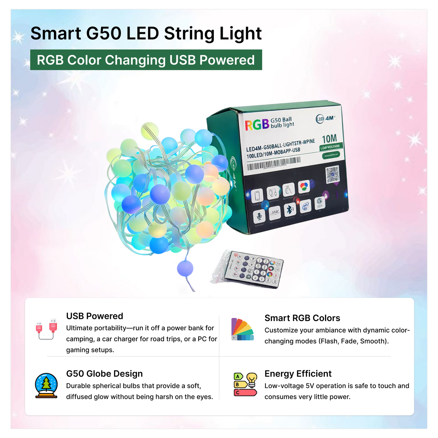Smart G50 LED String Light - RGB Color Changing USB Powered