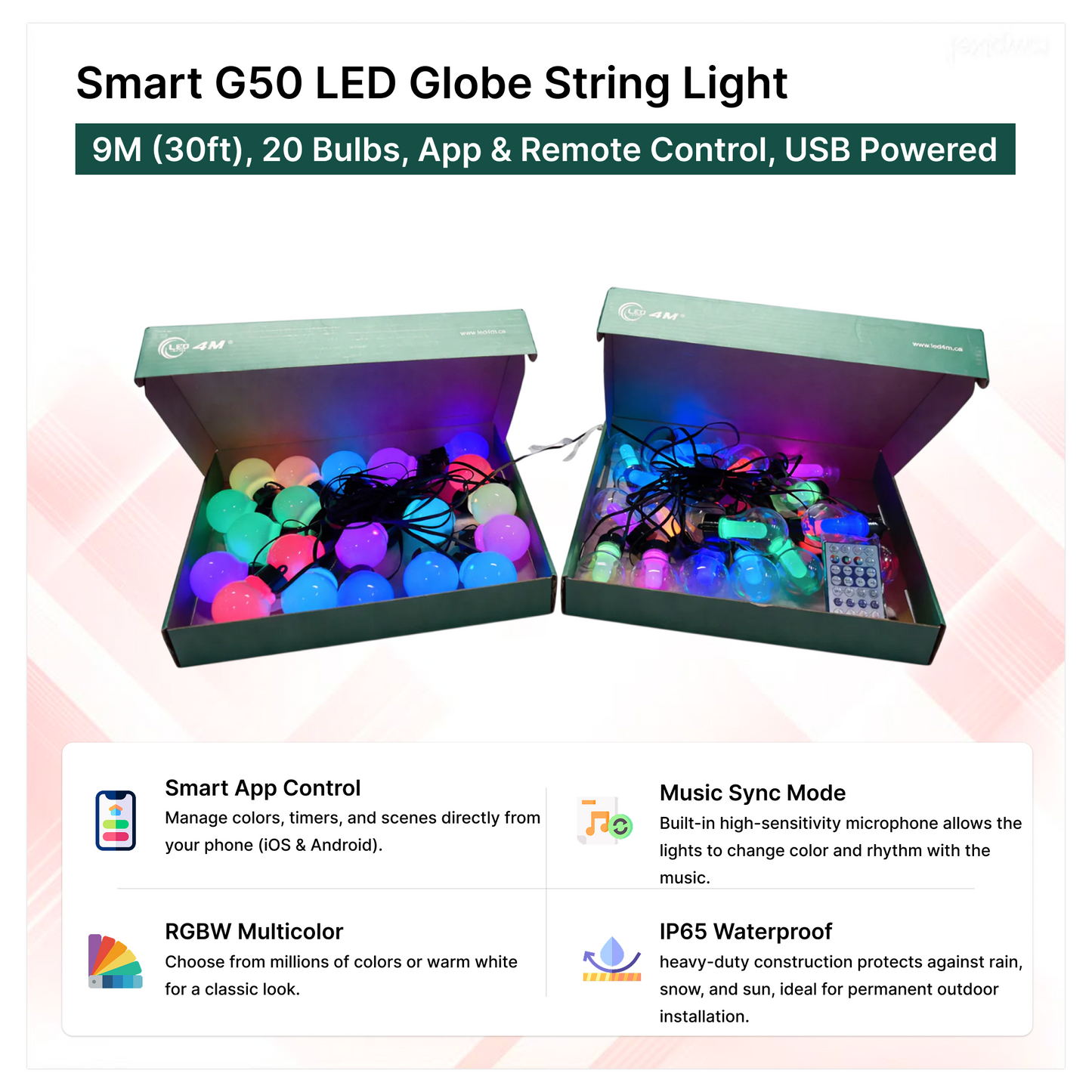 Smart G50 LED Globe String Light - 9M (30ft), 20 Bulbs, App & Remote Control, USB Powered