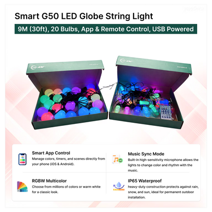 Smart G50 LED Globe String Light - 9M (30ft), 20 Bulbs, App & Remote Control, USB Powered