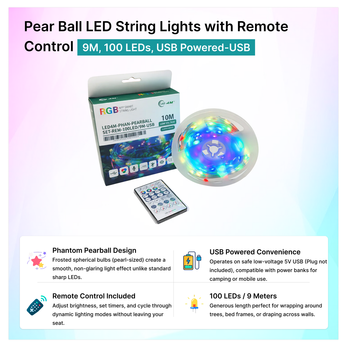 Pear Ball LED String Lights with Remote Control - 9M, 100 LEDs, USB Powered-USB