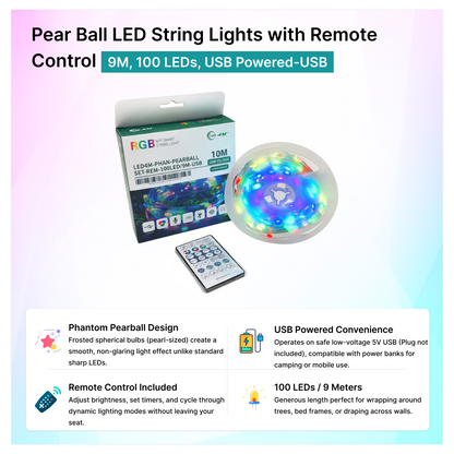 Pear Ball LED String Lights with Remote Control - 9M, 100 LEDs, USB Powered-USB