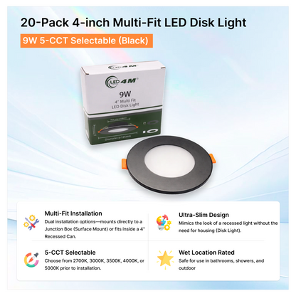 20-Pack 4-inch Multi-Fit LED Disk Light - 9W 5-CCT Selectable (Black)