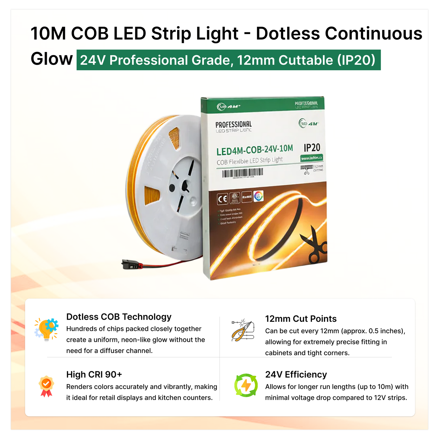 10M COB LED Strip Light - Dotless Continuous Glow, 24V Professional Grade, 12mm Cuttable (IP20)