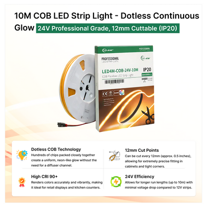 10M COB LED Strip Light - Dotless Continuous Glow, 24V Professional Grade, 12mm Cuttable (IP20)