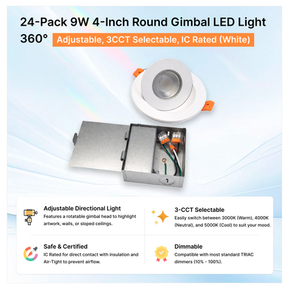 24-Pack 9W 4-Inch Round Gimbal LED Light - 360° Adjustable, 3CCT Selectable, IC Rated (White)