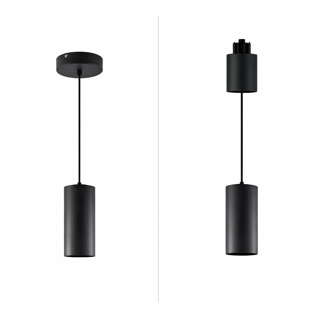 Two black pendant lights on a white background